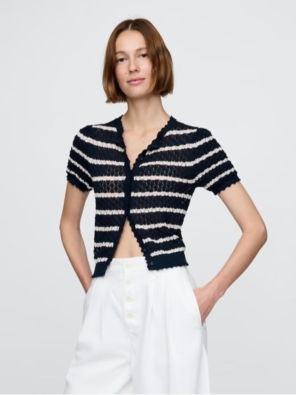 NWT GAP x Doen Linen-Blend Pointelle Cardigan Navy Blue Stripe Sheer Sweater L